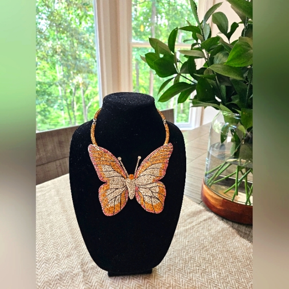 Sassy Jones Pink and Orange Butterfly Statement Necklace - Vintage - Picture 5 of 6